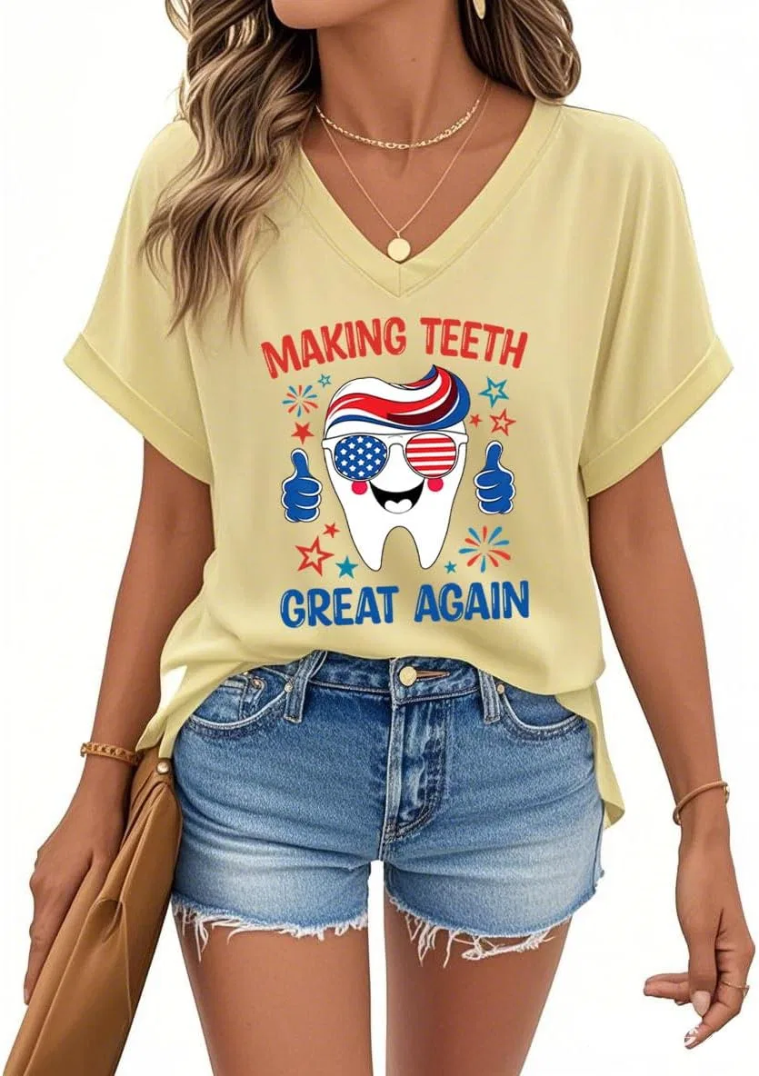 Женская футболка с принтом Making Teeth Great Again V-образным вырезом, Creamy Yellow — фото 4