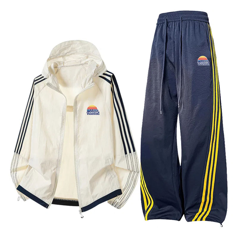 Детский спортивный комплект с принтом Casual Sportswear Unisex Thin MostwantedLab, Ecru+Blue Pants