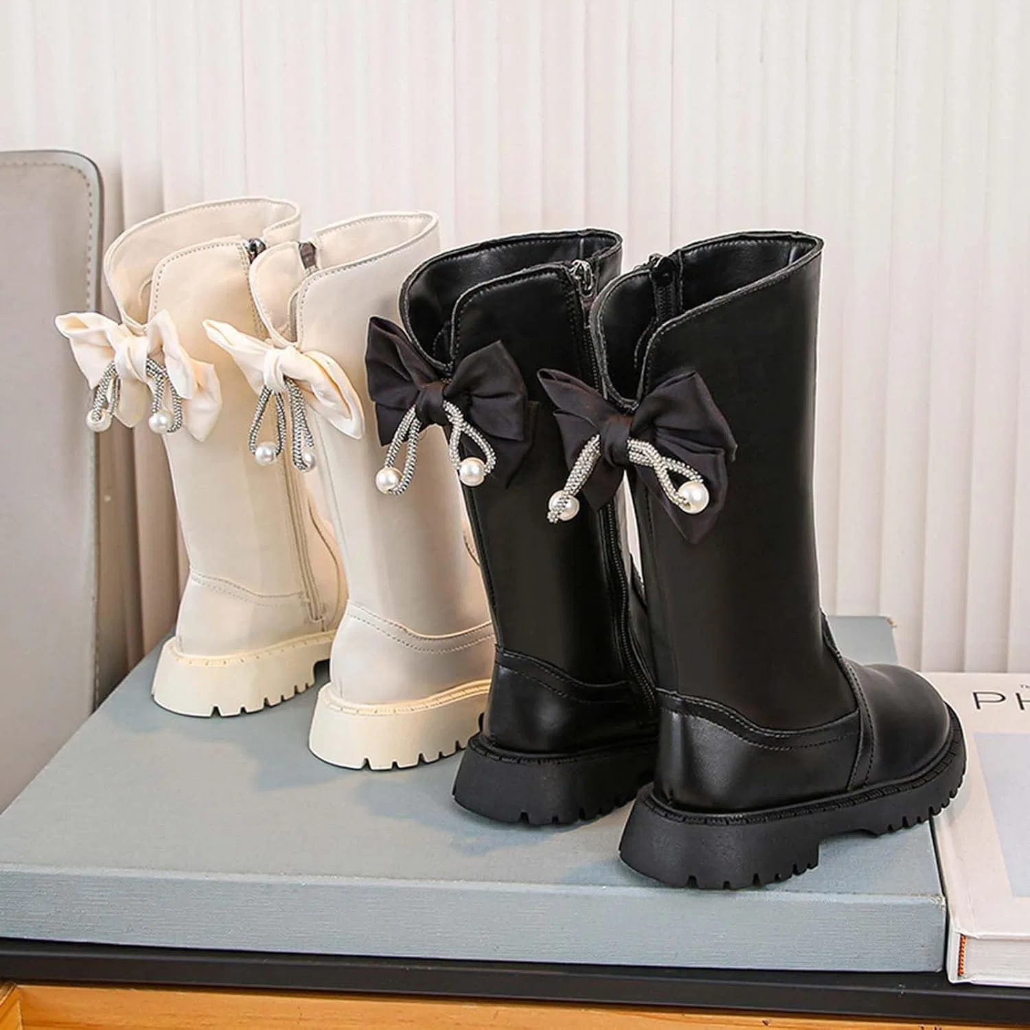 Детские сапоги для девочек с принтом банта, модель Girls Leather Knee High Boots, Black — фото 4