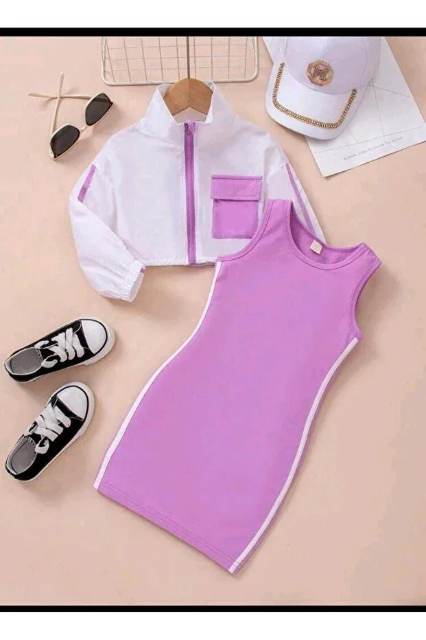 Детское платье для девочек с длинным рукавом Camisole dress and two rope jacket combo Tunay Moda, Pink