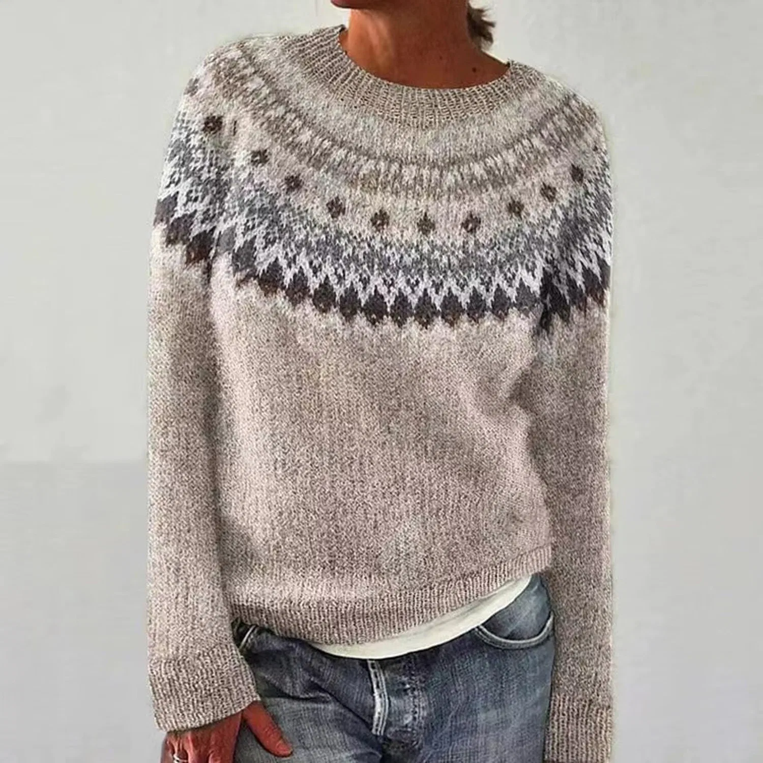 Женский свитер с принтом Fairisle Norwegian Sweater, Dark Khaki — фото 2