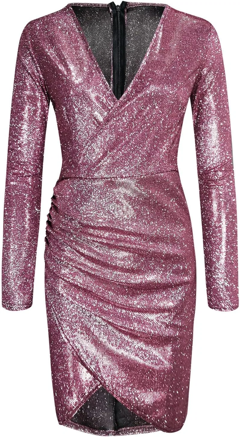 Женское платье с пайетками V-образным вырезом Long Sleeve Sequin Dress, Hot Pink — фото 3