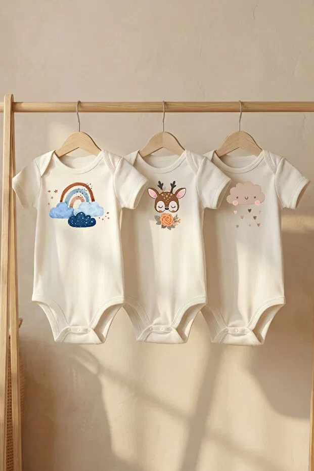 Детское боди для новорожденных с принтом 100% Organic Deer and Rainbow Animal Printed Short Sleeve Snap Fastener Baby Bodysuit Liljoy, Deer And Rainbow