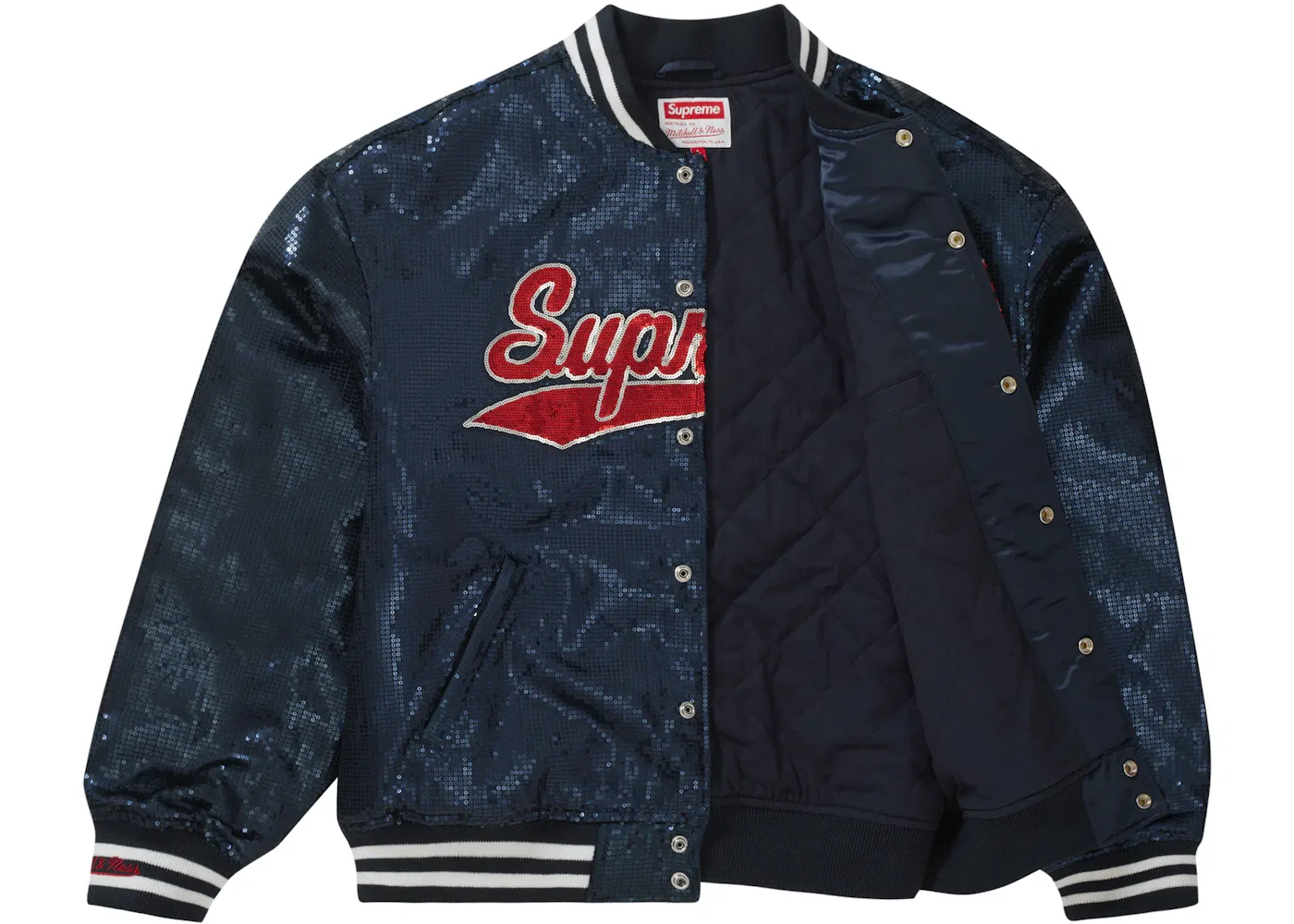 Мужская куртка-бомбер с пайетками Mitchell & Ness Supreme, Navy — фото 2