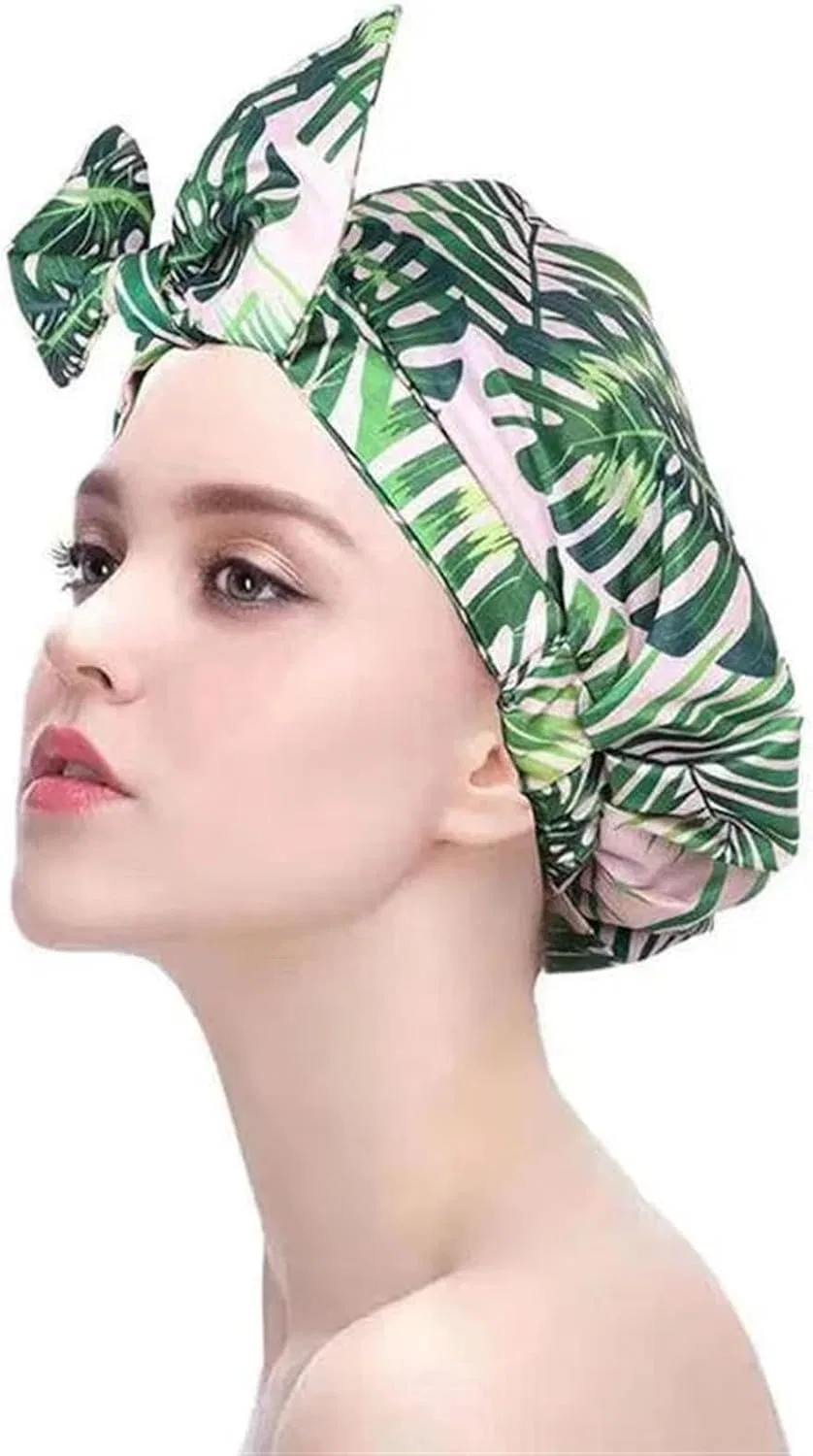 Шапочка для душа с бантом, NCOARQB, Pink Green Leaf
