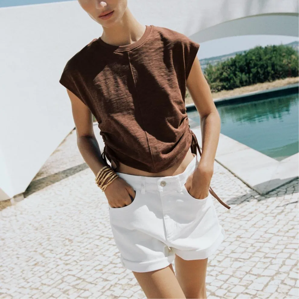 Женская футболка с круглым вырезом Brown ZARA, Brown — фото 4