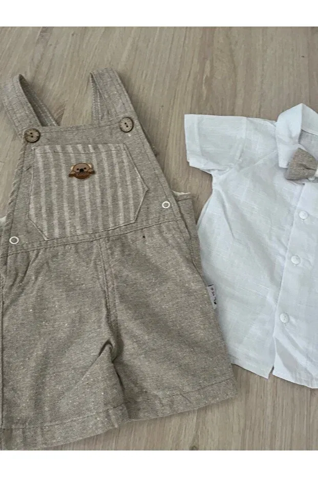 Детский комбинезон с принтом Teddy pocket detailed baby boy bow tie linen salopet set Aki Moda Kids, Beige — фото 3
