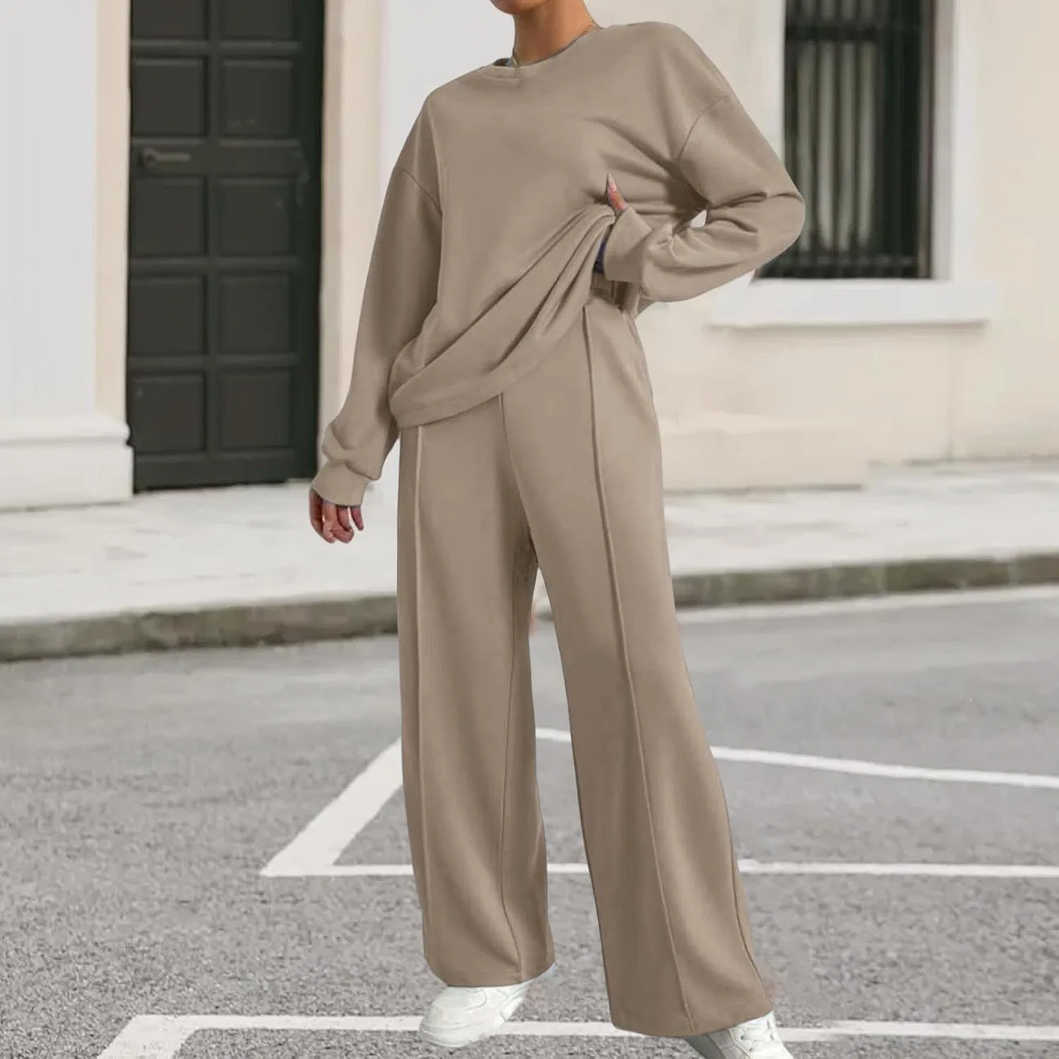 Женский спортивный комплект из свитшота и брюк Oversized, хаки — фото 3