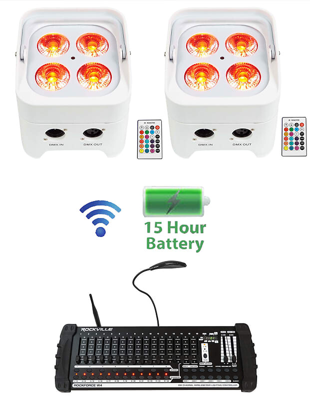 

2) Rockville BEST PAR 50 Battery Wash Lights Беспроводной DMX + 384-канальный контроллер (2) BEST PAR 50 WHITE+ROCKFORCE W4