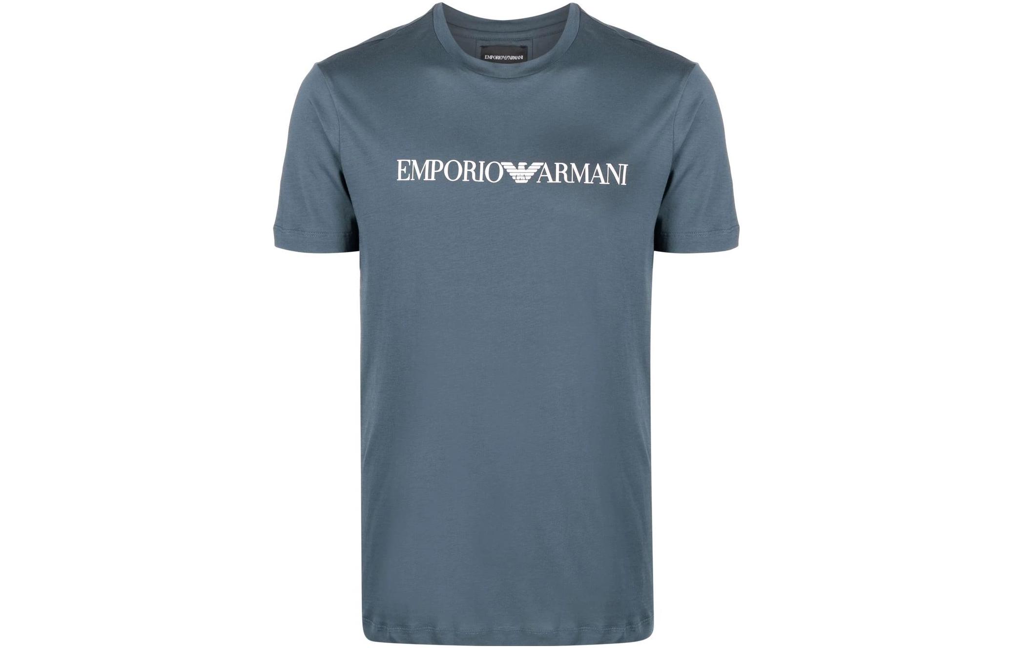 

EMPORIO ARMANI Футболка с короткими рукавами и круглым вырезом, с принтом логотипа и букв, однотонная, мужская, сине-серая