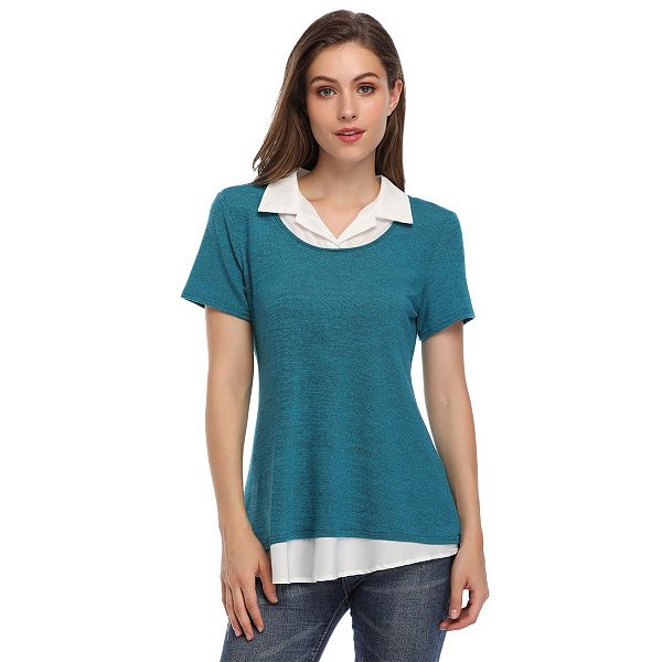 

Женская блуза с коротким рукавом и контрастным воротником Yesfashion, Blue Green