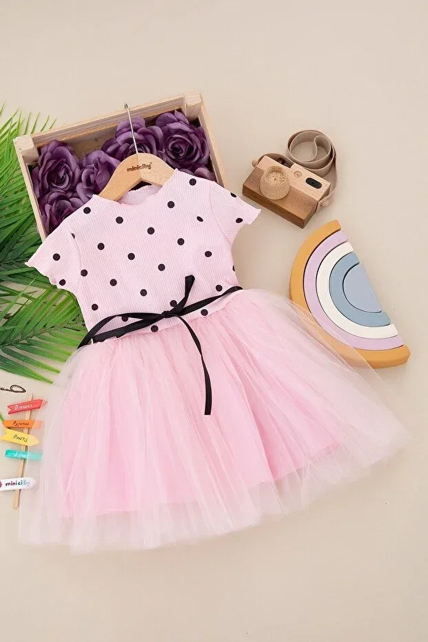 Детское платье для девочек с принтом Daphne ticaret girl polka dot tulle half sleeve dress Bam Bam Giyim, Pink