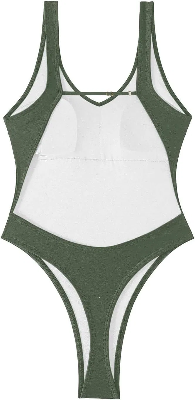 Женский цельный купальник с высоким вырезом бедра Generic, Army Green — фото 3