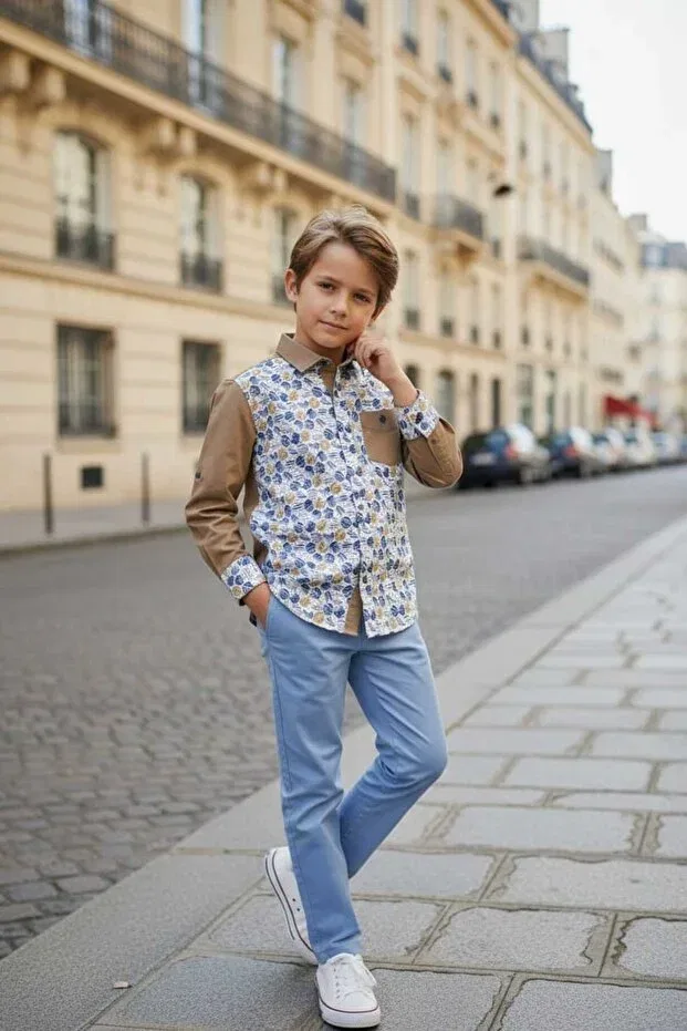Детская рубашка с принтом Louis Fabel, Beige-Blue-White