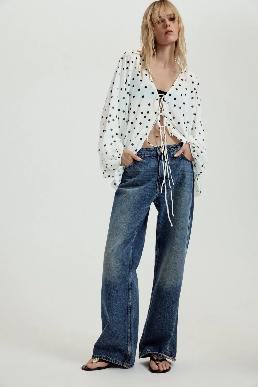 Креповый топ с пышными рукавами ZARA, Black/White