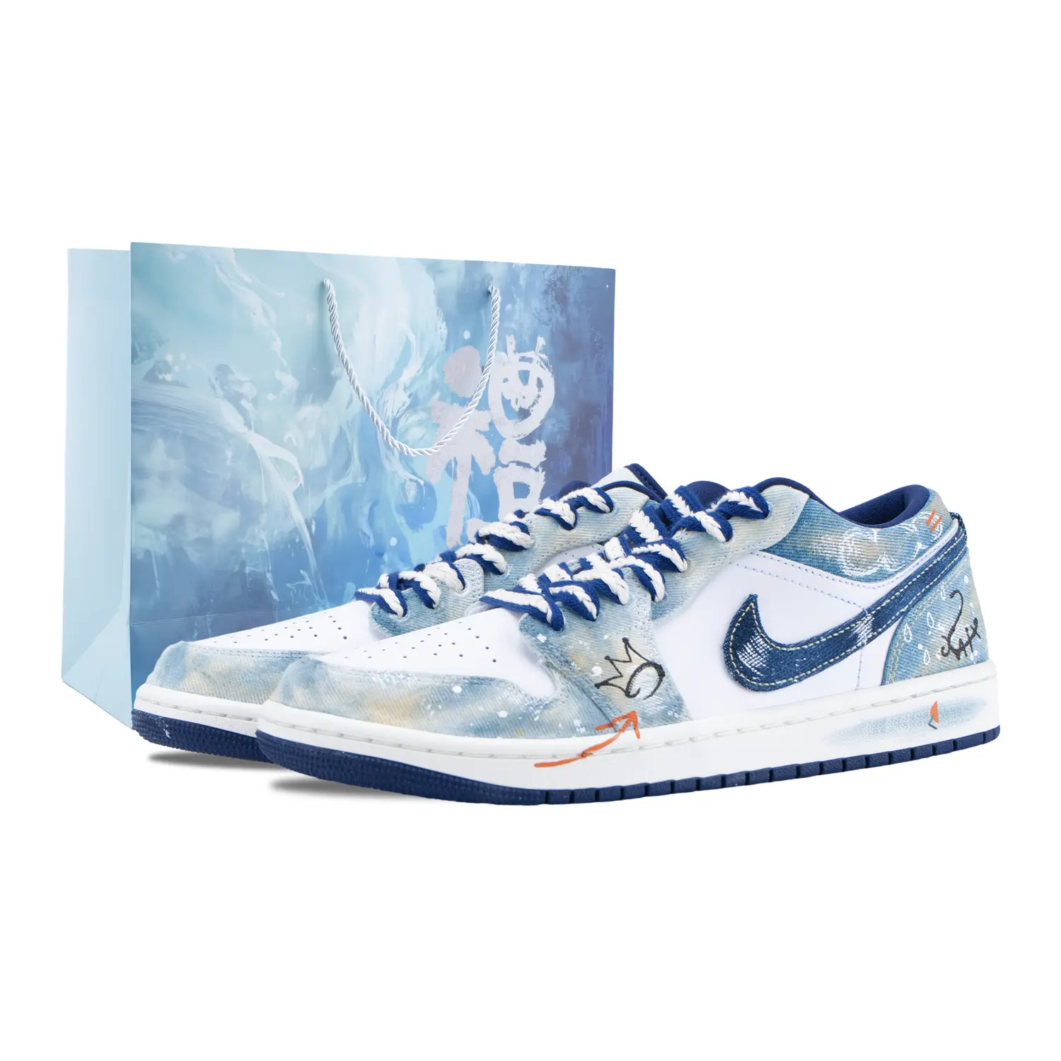 

Jordan Кроссовки Air 1 Graffiti Denim устойчивые к истиранию низкие винтажные баскетбольные мужские бело-голубые (специальная сумка для покупок), цвет White Blue (Special Shopping Bag)
