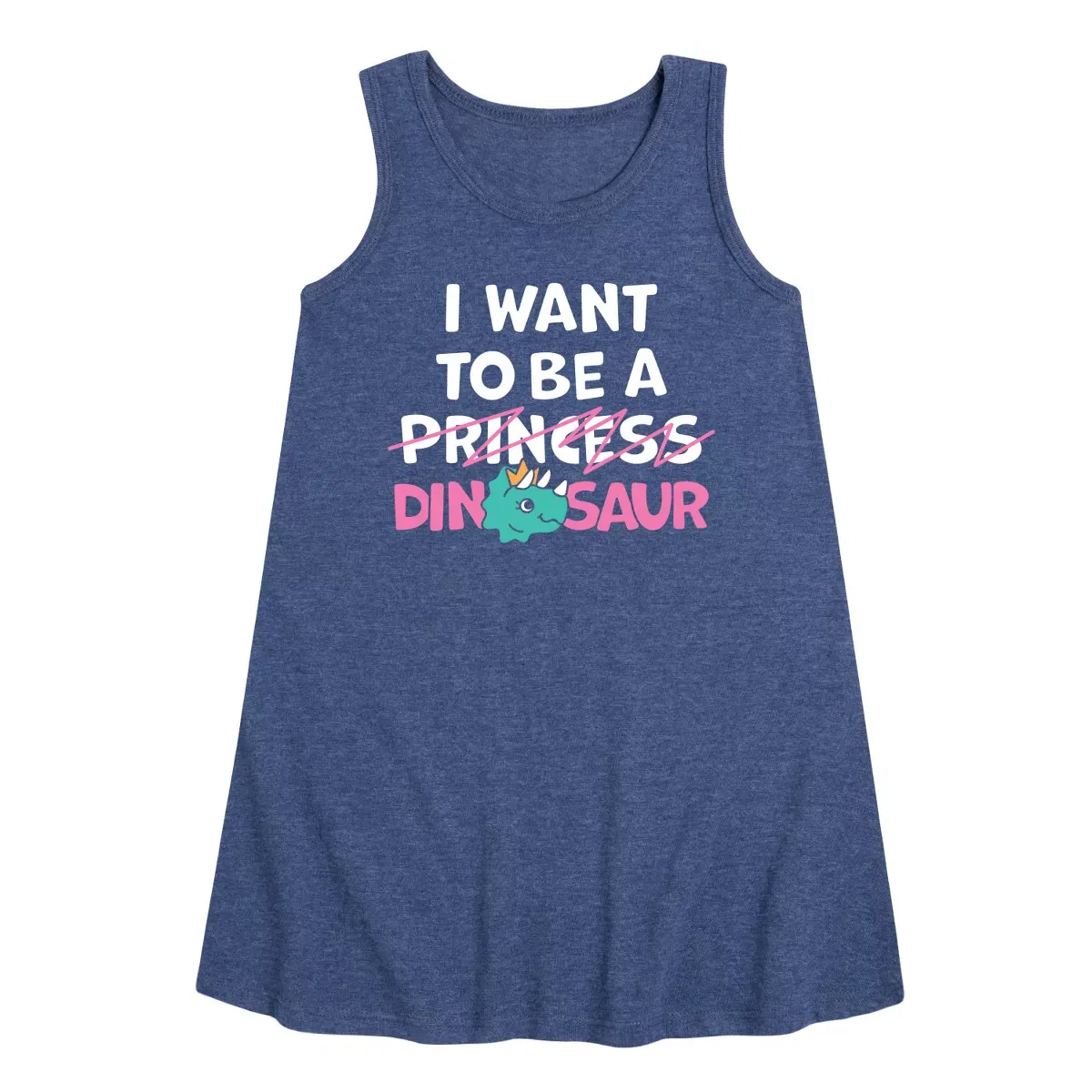 Детское платье-трапеция без рукавов с принтом I Want To Be A Dinosaur -Not Princess Instant Message, Heather Navy