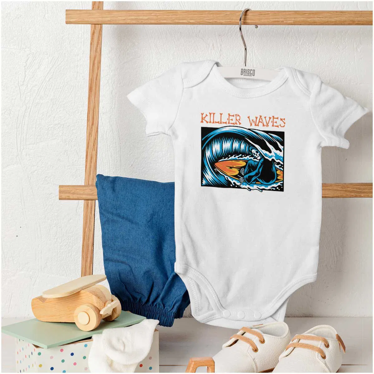 Детский боди-комбинезон с принтом Skeleton Reaper Surfer Killer Waves Brisco Brands, White — фото 4