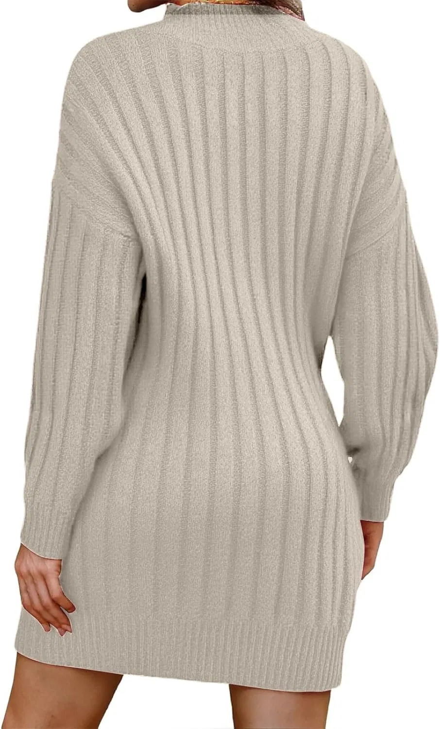 Женское платье-свитер с воротником-хомутом и косами, Long Sleeve Sweater Dress, Beige — фото 2