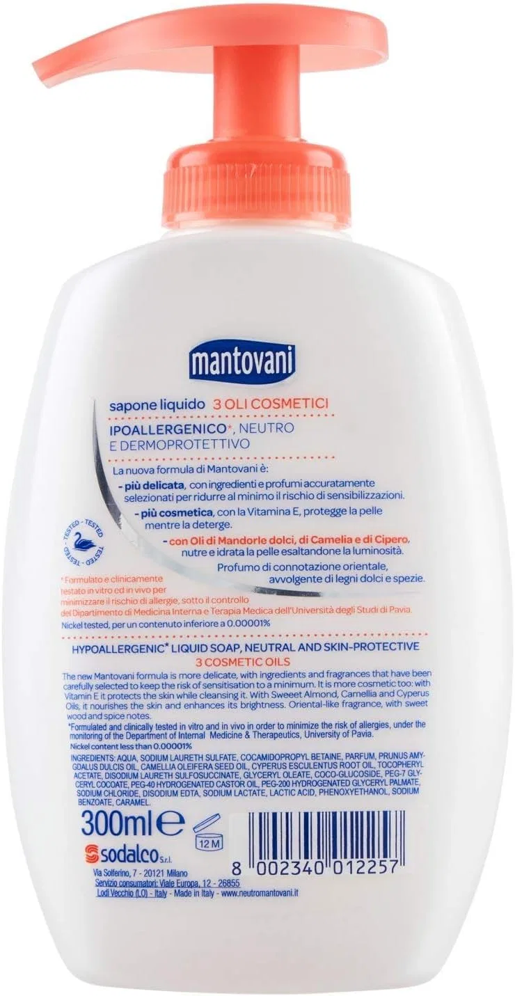 Жидкое мыло для рук и лица Mantovani 3 Oli Cosmetici, набор 12 x 300 мл, Sweet Almond Oil, Camellia Oil and Macassar Oil, Beni Culinari — фото 2