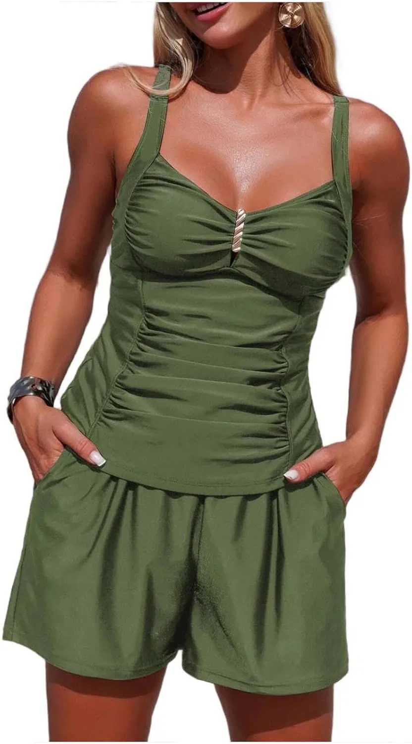 Женский танкини с драпировкой и шортами, Army Green
