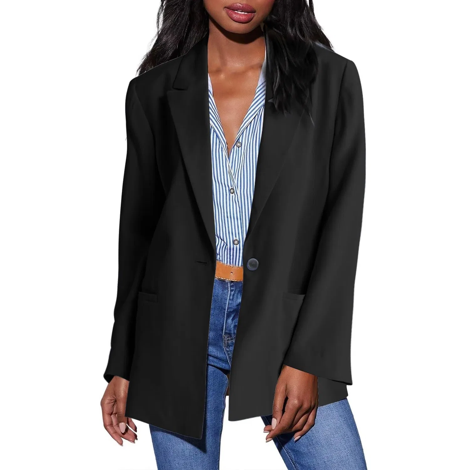 Женское утепленное пальто с воротником Women Blazer Long Sleeve Button Down Jacket, Black