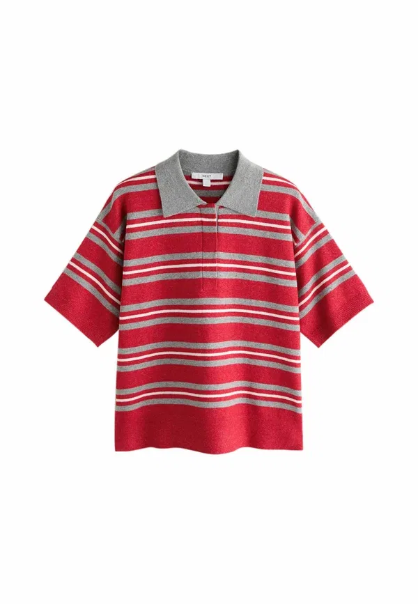 Топ-поло свободного кроя, Tall fit - supersoft short sleeve knitted polo top, Next, red grey stripe, серый