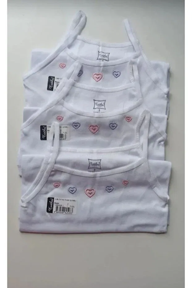 Детское для девочек майка с тонкой бретелью комплект 5 шт 5-Piece collar embroidered ribana 100% cotton combed cotton thin strap girls' undershirt Tutku, White