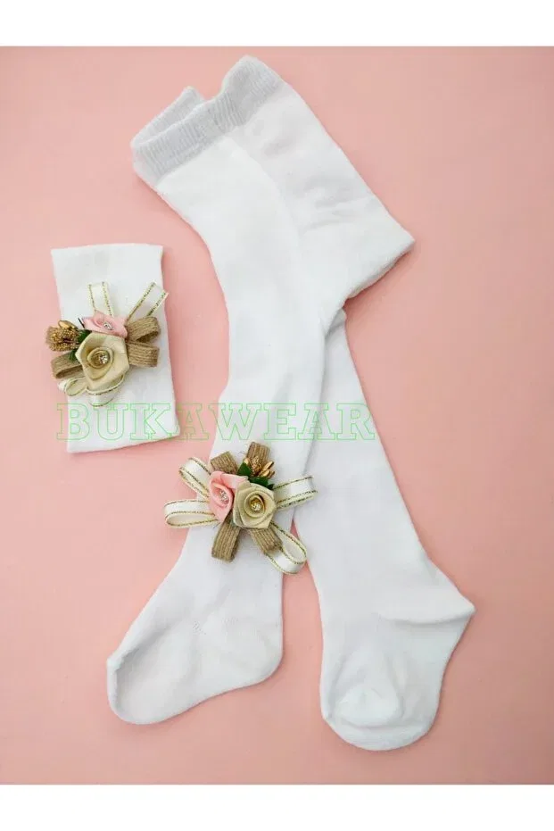 Детский комплект колготок для девочек с банданой Bukawear, Ecru — фото 3