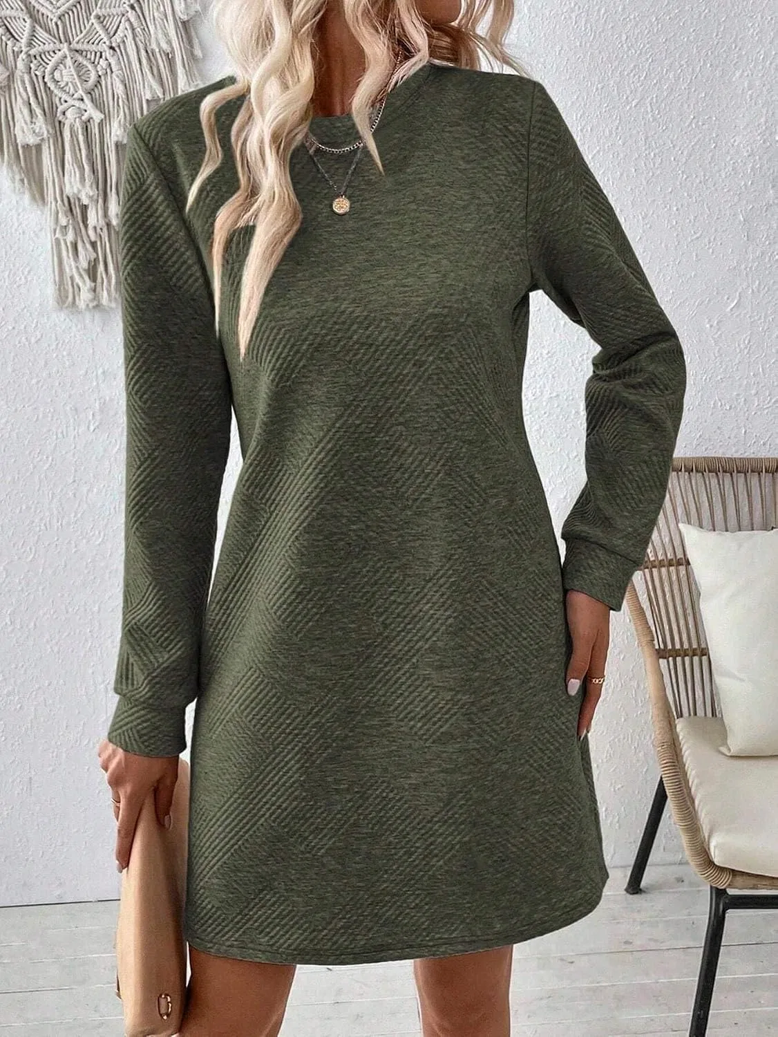 Женское платье-футболка с круглым вырезом Colorblock, Army Green — фото 4