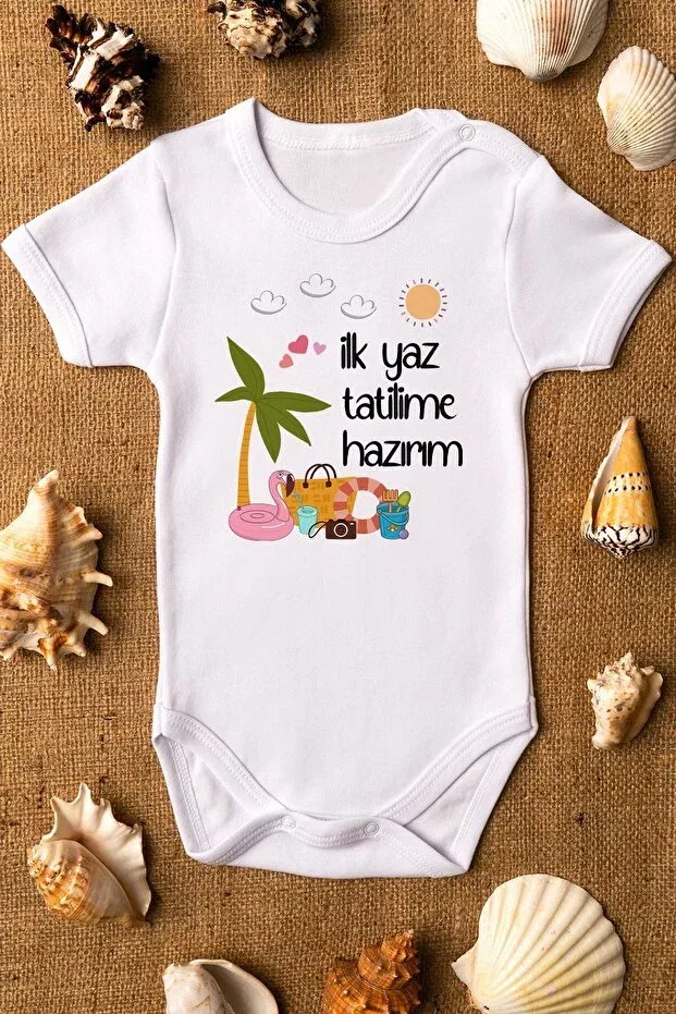 Детское боди для новорожденных с принтом I'M ready for my first summer holiday printed organic 100% cotton baby bodysuit - snap fasten bodysuit jumpsuit 5260 Overoz, White