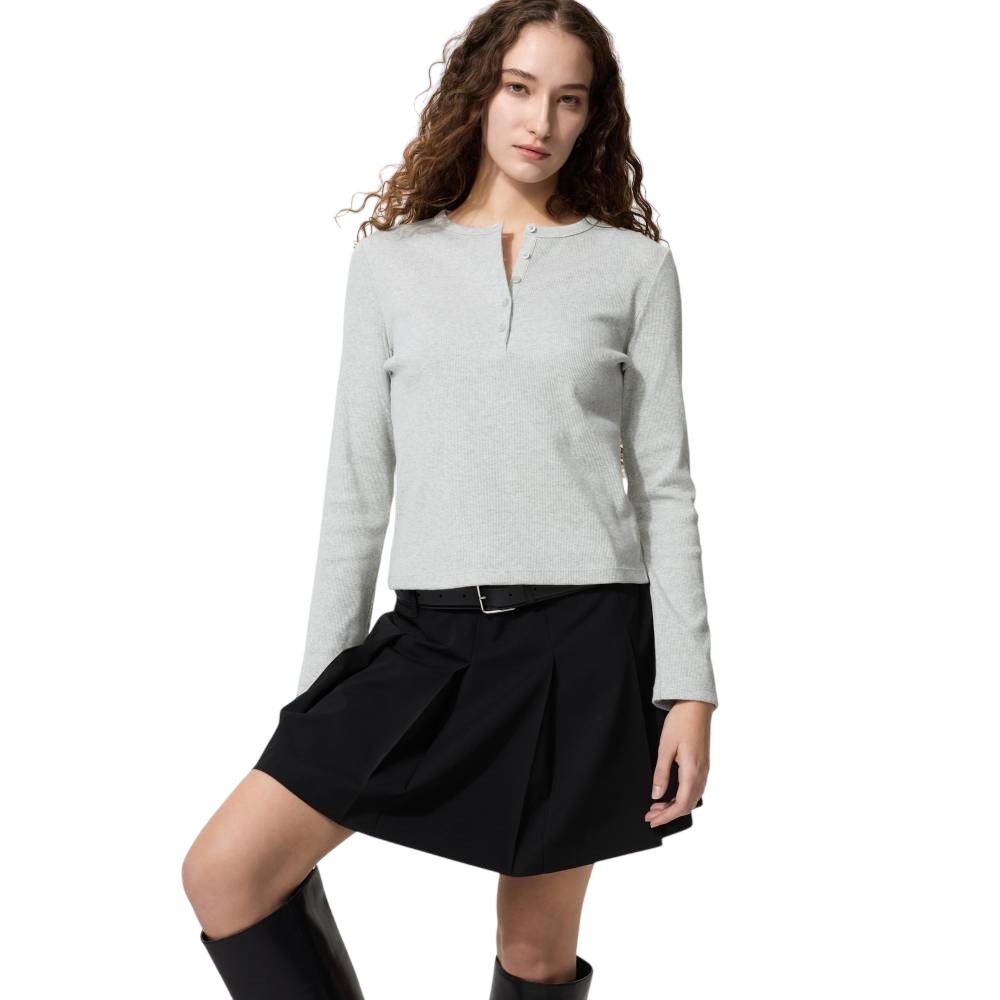 Лонгслив Uniqlo Ribbed Henley Neck T-shirt, 02 светло-серый