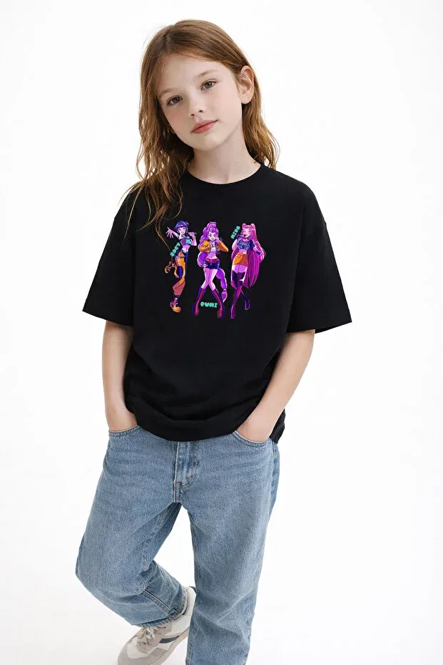 Детская футболка для девочек с принтом Kpop Demon Hunters Hunterix Demon Hunters Zoey Mira Rumi Blitzist, Black — фото 2