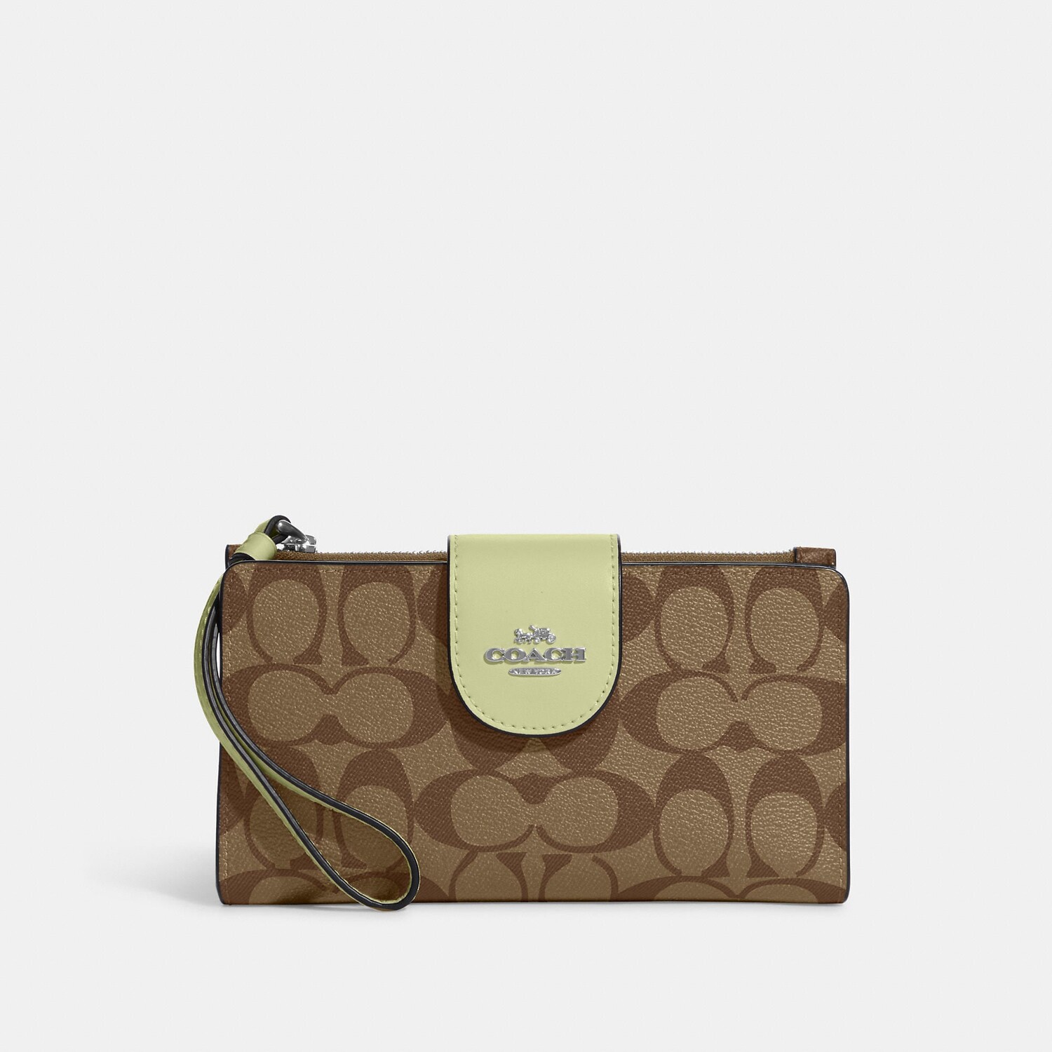 

Кошелек для телефона Coach Outlet Tech из канвы с цветными блоками и подписью, цвет Silver/Khaki/Pale Lime