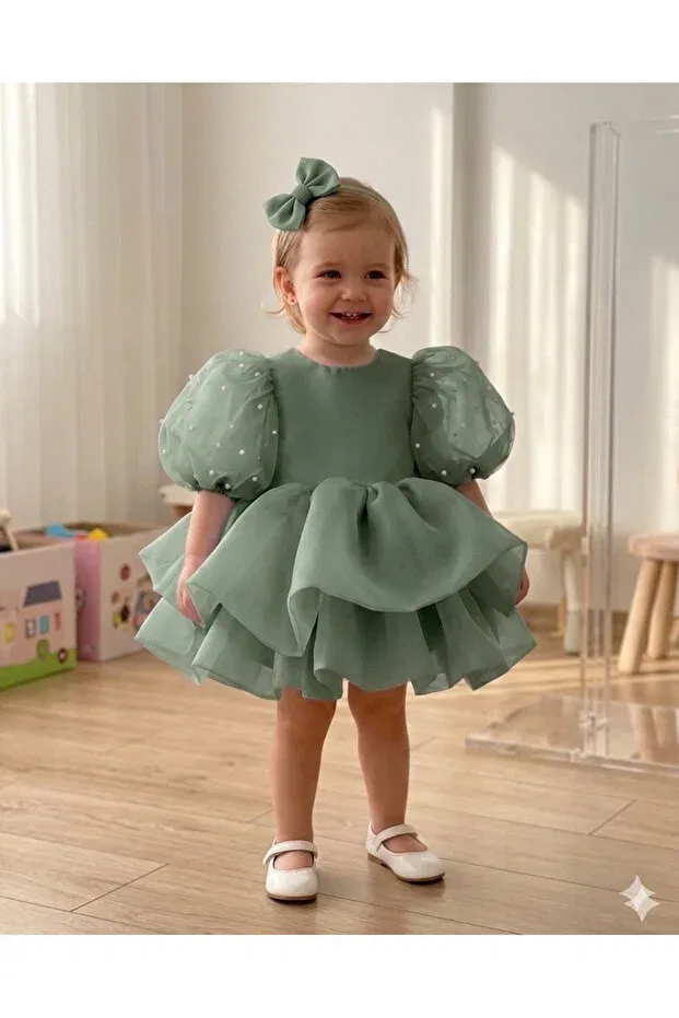 Детское платье для девочек с коротким рукавом-фонарик Mirace Styl, Green