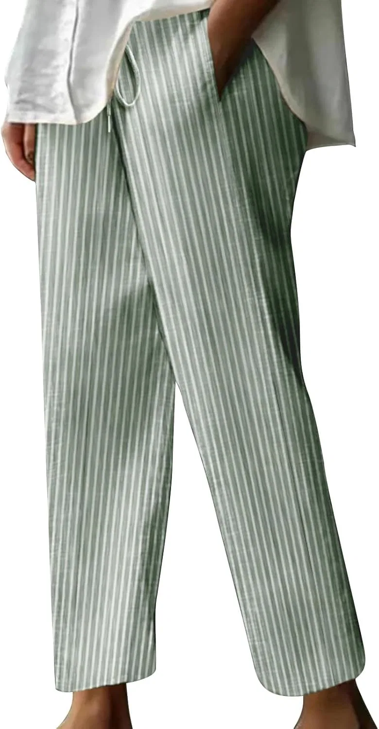 Женские пляжные брюки с высокой талией Cotton Linen, Green