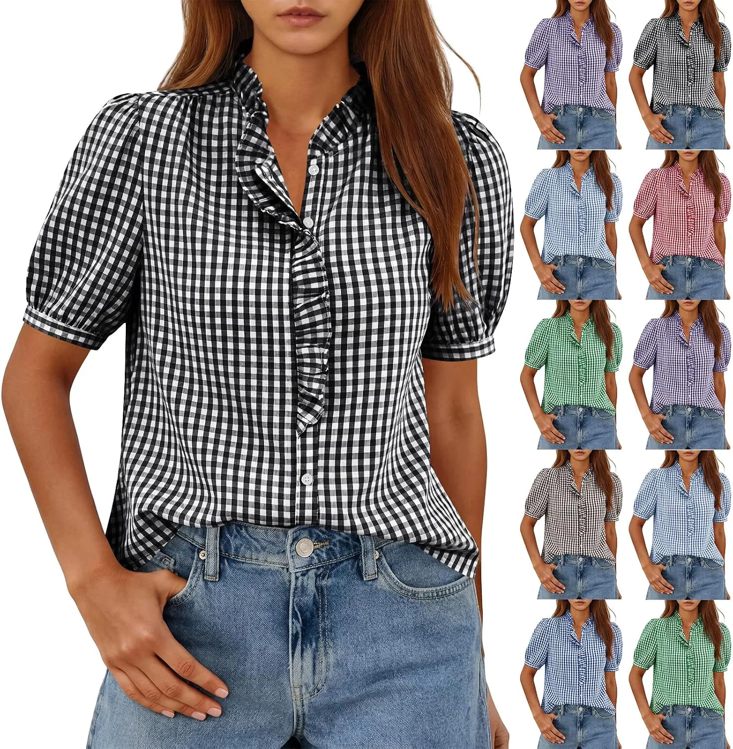 Женская блузка с воротником-стойкой, с рюшами, Gingham, чёрный