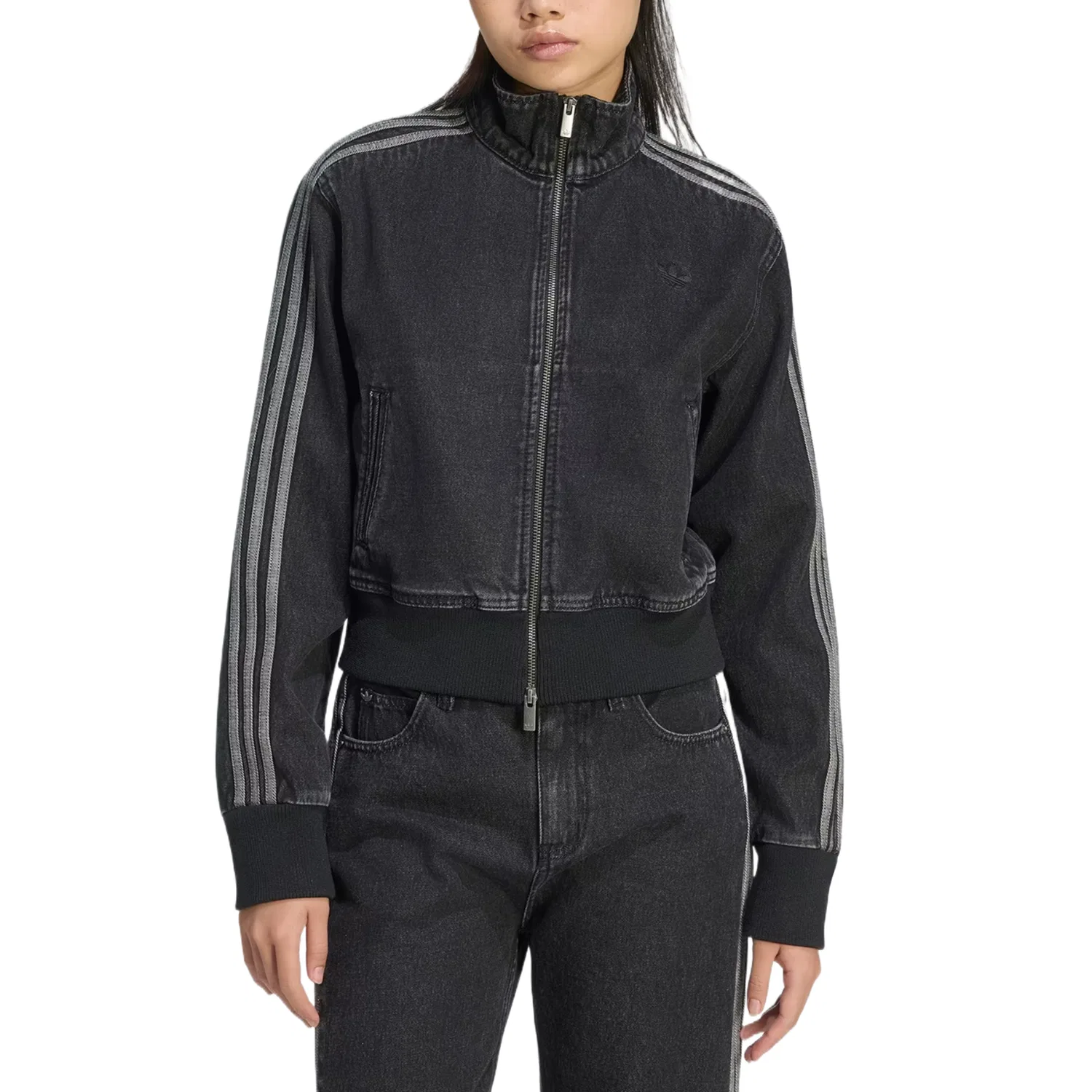 Женская джинсовая куртка с воротником-стойкой Adidas Originals Firebird, Pure Black Denim — фото 3