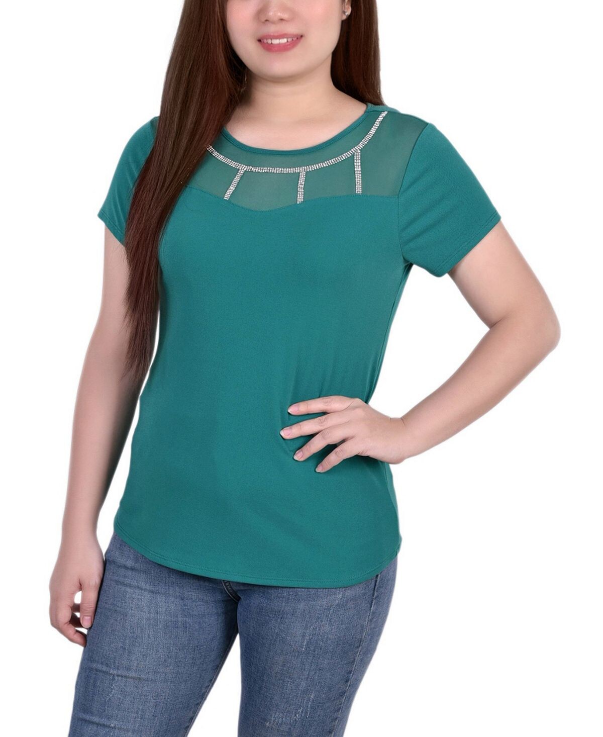 

Топ petite из крепового трикотажа с короткими рукавами NY Collection, изумрудный