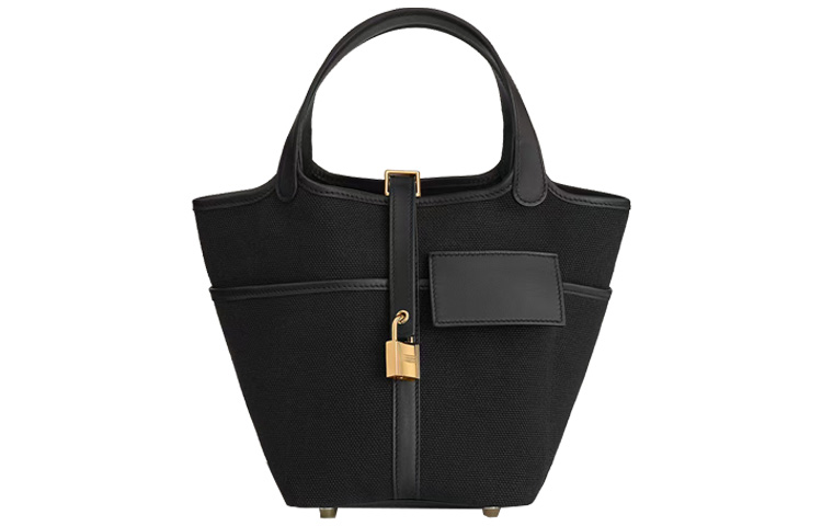 

HERMES Сумка Пикотин Лок из холста и кожи теленка свифт корзина ведро женская черная