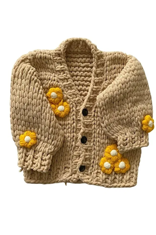 Детский кардиган для девочек с флористическим принтом Handmade thick knitted children's cardigan Oem, Beige — фото 3
