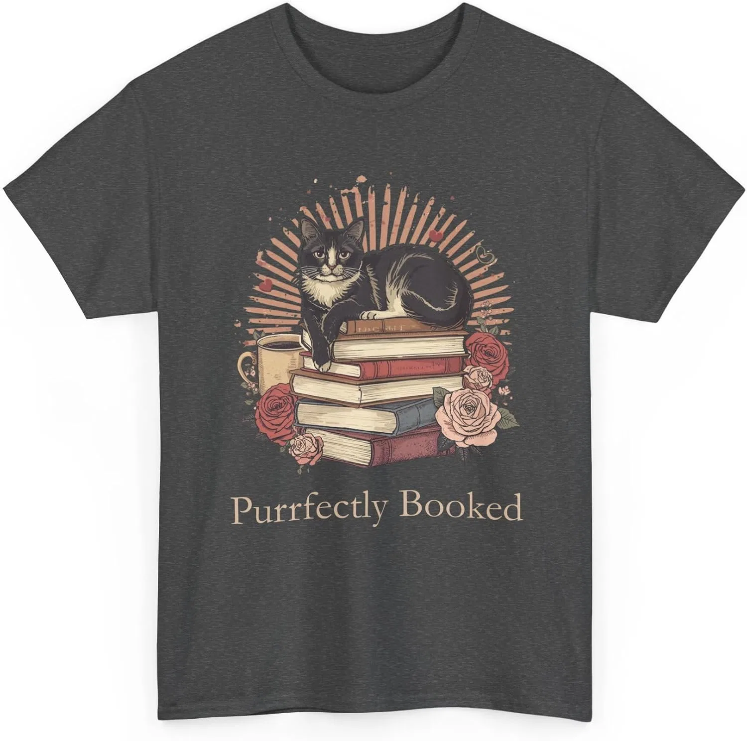 Женская футболка с принтом Purrfectly Booked Cat Stack of Books, тёмно-серый меланж