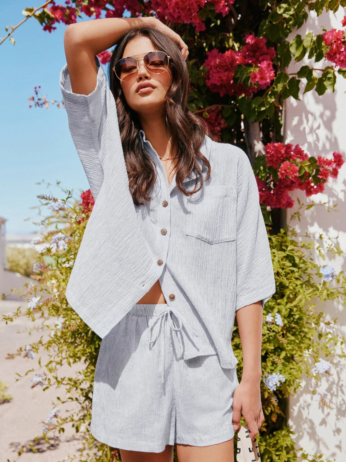 Рубашка с коротким рукавом Textured Short Sleeve Shirt with Linen Next, бело-серая полоска