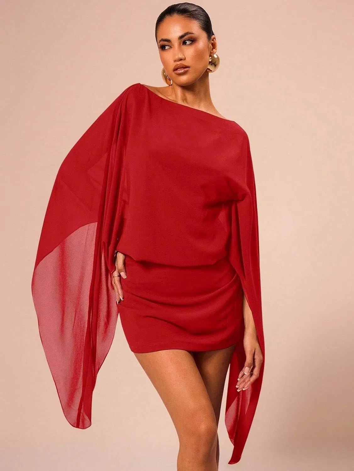 Женское мини-платье с асимметричным вырезом Boat Neck Cloak Sleeve, Red — фото 4