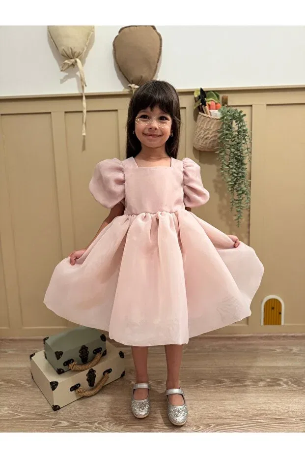 Детское платье для девочек с коротким рукавом-фонарик Penu Baby Kids, Powder — фото 2