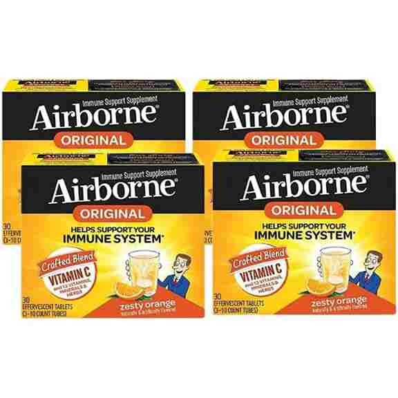 

Витамин С в шипучих таблетках Airborne Immune System вкус апельсина, 4 упаковки по 30 таблеток
