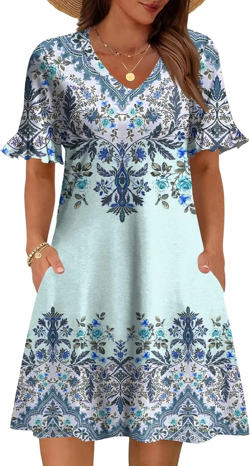 Женское летнее платье с воланами и карманами A-line V-neck, Sky Blue