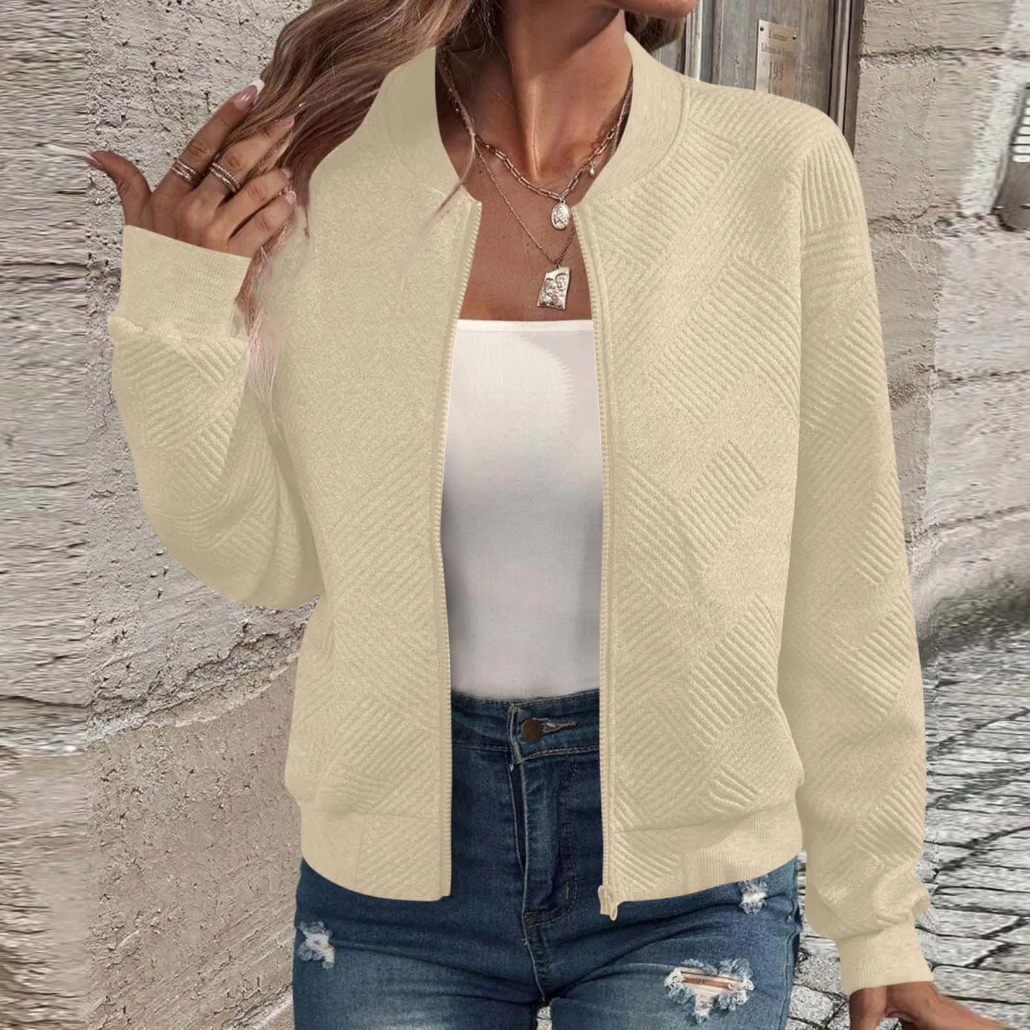 Женская куртка-блузон с воротником-стойкой и длинным рукавом, Beige — фото 2
