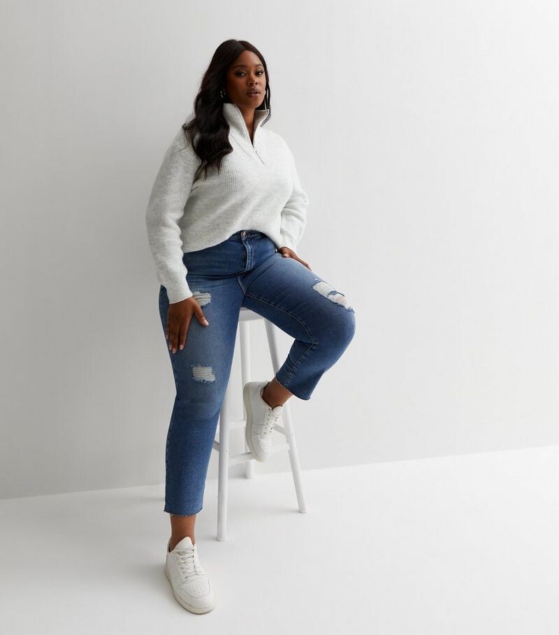 

Синие прямые джинсы Hannah с рваными краями Curves и рваной лодыжкой New Look, синий