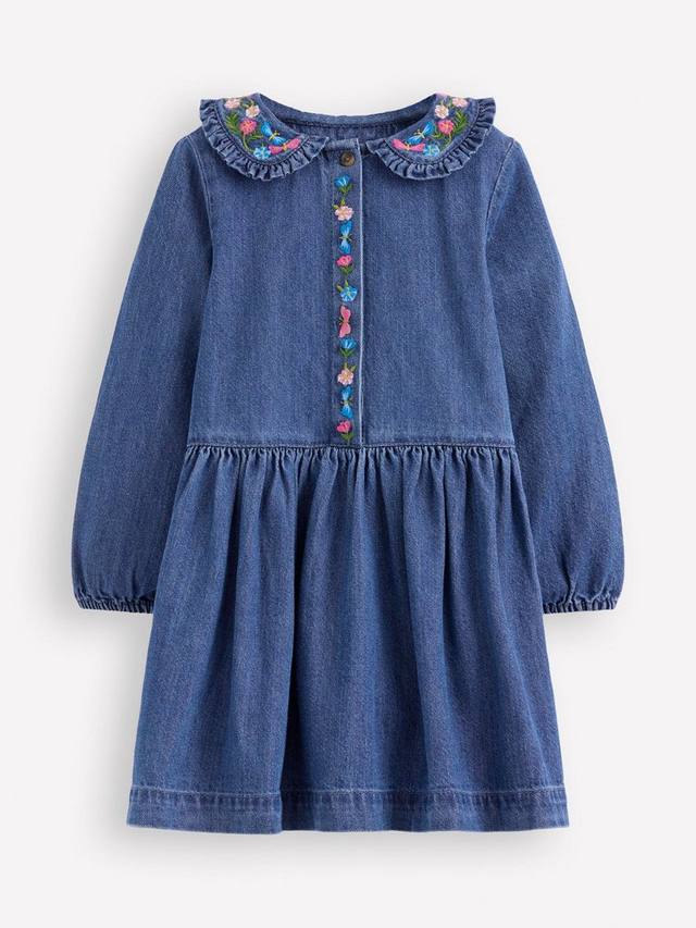 

Детское джинсовое платье с длинными рукавами и вышивкой Mini Boden, Mid Vintage Blue